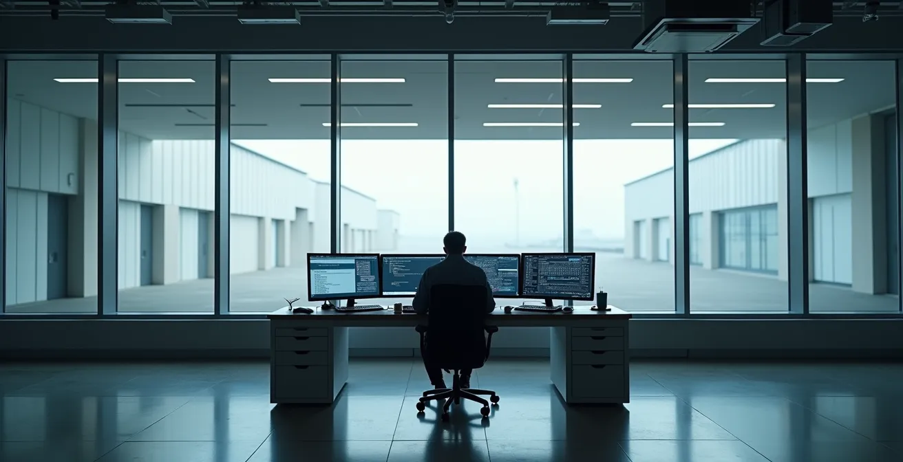 Vue large d'une salle de contrôle industrielle moderne avec opérateur surveillant des écrans