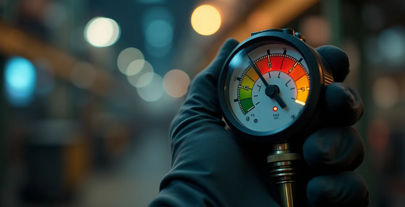 Gros plan sur une main gantée tenant un capteur de qualité d'air avec affichage analogique