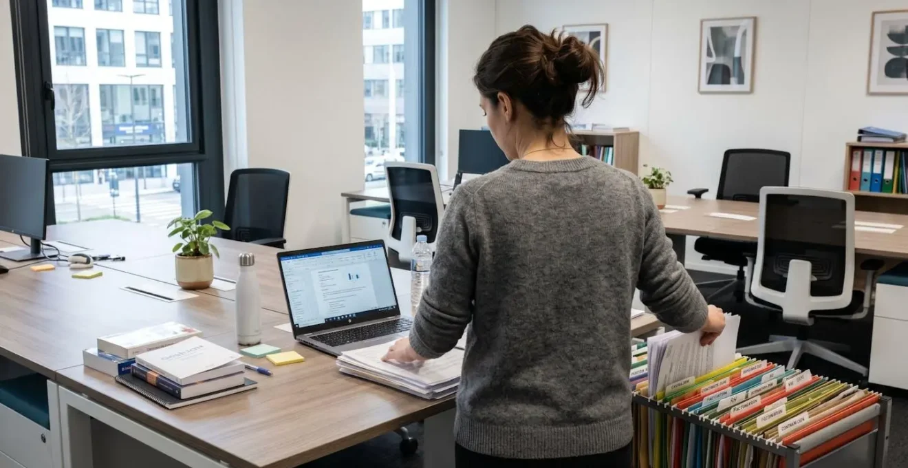 Responsable organisant des documents administratifs dans des classeurs sur un bureau professionnel