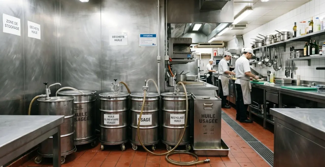 Zone de stockage professionnelle avec contenants métalliques pour huiles de cuisson usagées dans une cuisine de restaurant