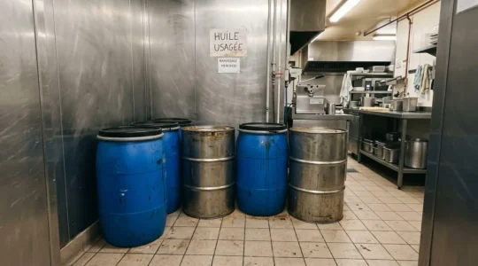 Zone de stockage professionnelle avec contenants métalliques pour huiles de cuisson usagées dans une cuisine de restaurant